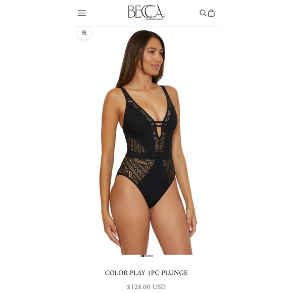 BECCA Color Play Crochet Plunge One Piece Swimsuit w/ Tie Back — MEDIUM — Black - Picture 1 of 15